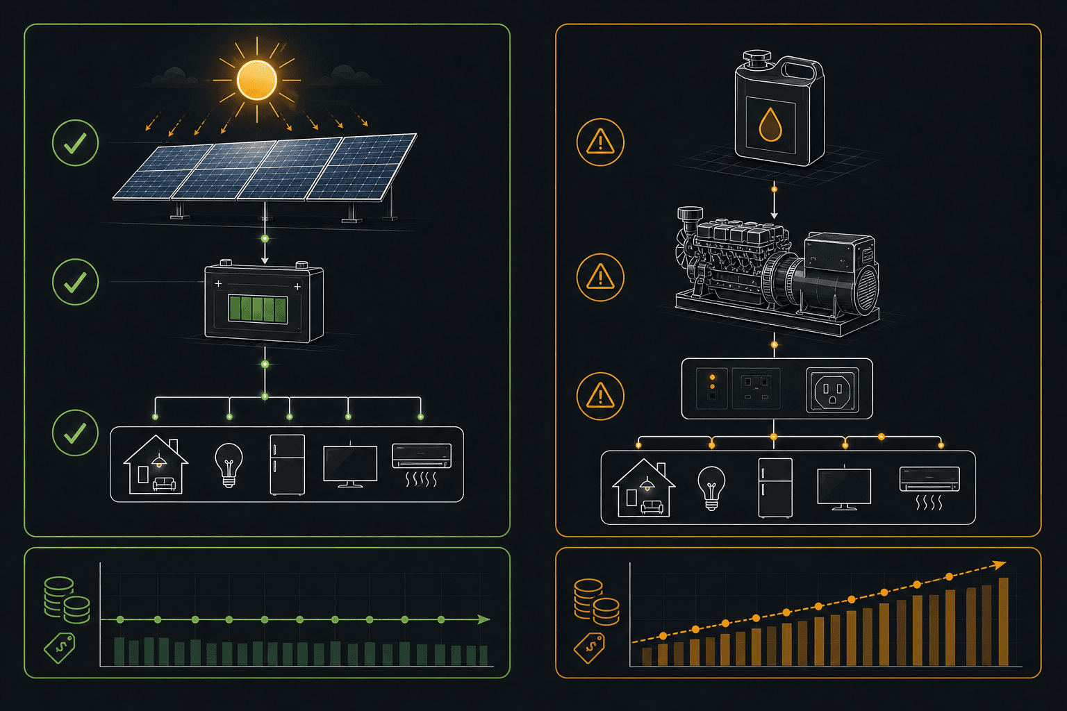 Comparison schematic of solar-plus-battery backup versus a diesel generator for a home critical-load circuit