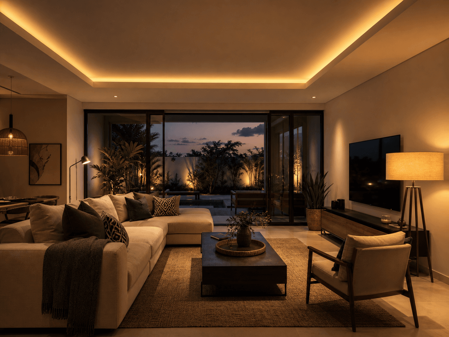 Warm dimmed living room scene with lamps and cove lighting on