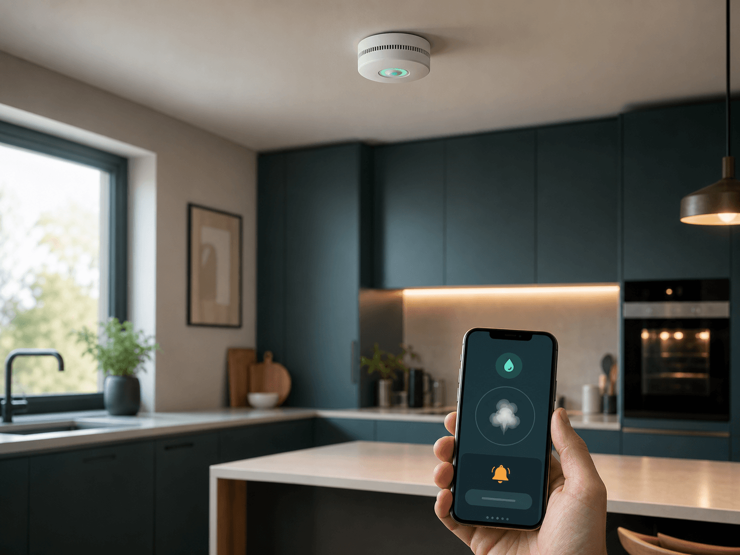 Kitchen smoke and gas sensor with a phone showing a safety alert