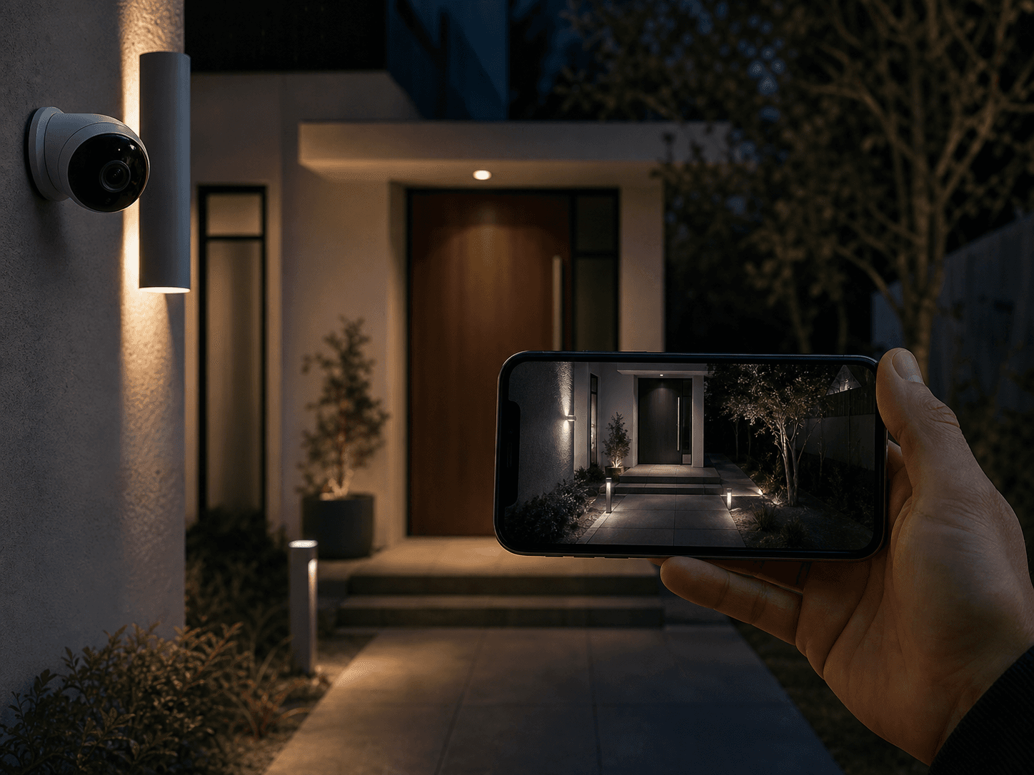 Front-door security camera view shown on a phone at night